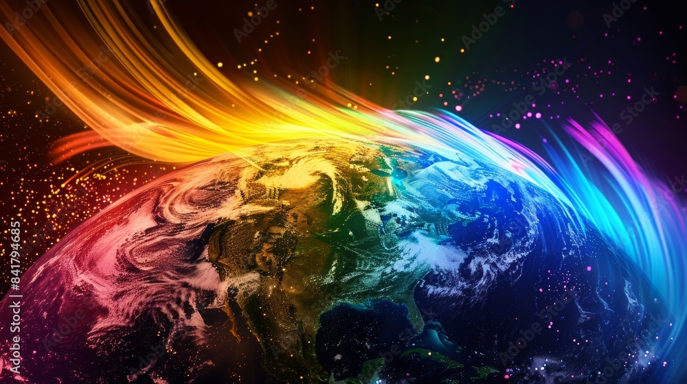 Poster A high-definition illustration of 5G data streams surging across the Earth, represented by vibrant colors and dynamic patterns.