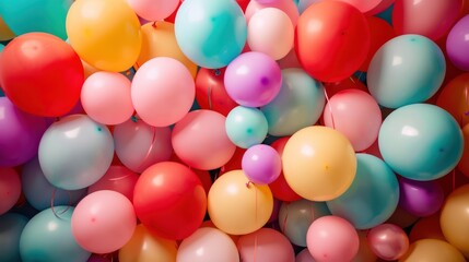 Ballon background, Colorful children's birthday party helium balloons, blue background.
