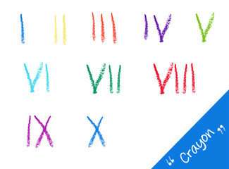 Vector wax crayon roman numerals in doodle drawn scribble texture style. Editable color letters in childish style for school and other designs