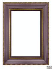 Realistic purple wooden vintage frame on white background.  Rectangle frames mockup. Classic Photo wood frame. Dark purple border for painting, poster, and photo gallery. 3d vector illustration.