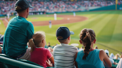 A family, consisting of children and a parent, watches a baseball game from the stands, capturing the essence of a shared pastime. - Powered by Adobe