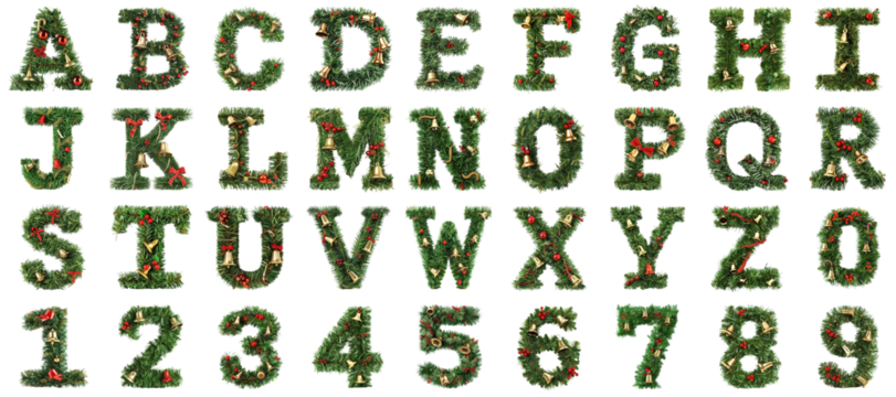 Christmas tree letter png set mockup in 3d transparent no background for decoration.
