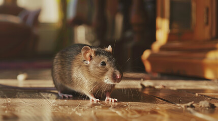 A mouse carefully navigates a sunbeam-filled area of a cozy room, its whiskers forward and eyes alert, creating a scene of delicate exploration.