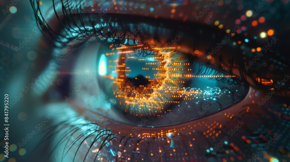 Poster A high-resolution photo of a cyborg eye scanning a digital landscape, with binary code flowing across the iris and pupil.