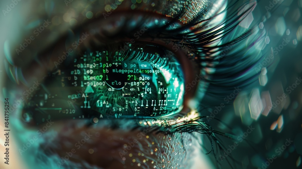 Poster A high-resolution photo of a cyborg eye scanning a digital landscape, with binary code flowing across the iris and pupil.