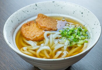 A bowl of udon noodles with a clear broth, two pieces of fried tofu, and green onions.