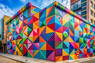 Fototapeta premium A vibrant wall mural featuring a mix of geometric shapes and bright colors, highlighting urban art and modern design