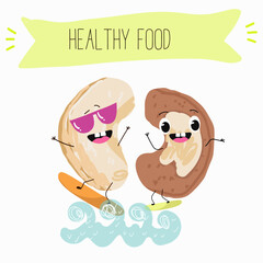 Cute Cashew nut characters, funny nuts, with different activities, outdoor, sports,musical instrument. Organic food, healthy food, illustrations for kids menu.