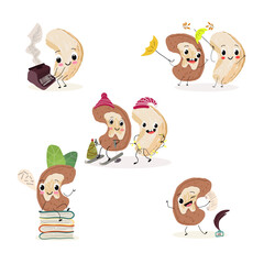 Cute cashew characters set, collection. Flat vector illustration. Activities, playing musical instruments, sports, funny nuts.