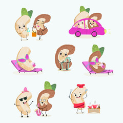 Cute cashew characters set, collection. Flat vector illustration. Activities, playing musical instruments, sports, funny nuts.