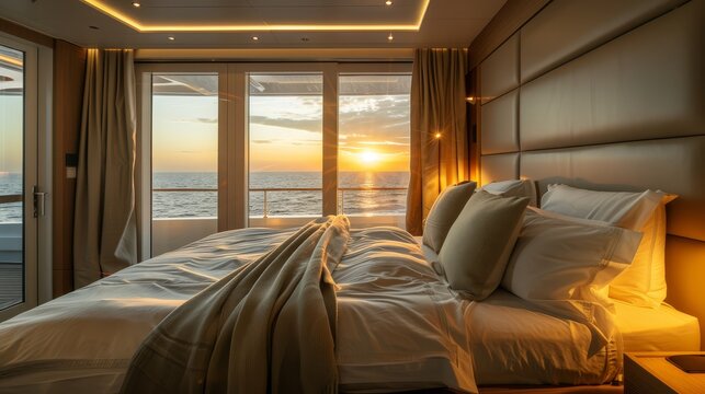 Comfy king size bed in luxury hotel room with sunset sea view