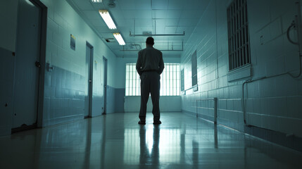 Fototapeta premium A solitary man stands in a cold, stark prison cell hallway, creating a mood of isolation and introspection, with light streaming in from barred windows.