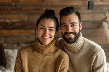Fototapeta premium Portrait of a happy couple in their 30s wearing a classic turtleneck sweater isolated in serene meditation room