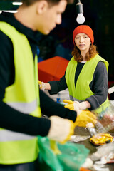 Young volunteers in gloves and safety vests standing together, sorting trash.