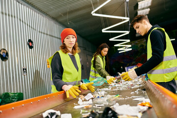 Young volunteers in gloves and safety vests sort trash on a conveyor belt while working together...