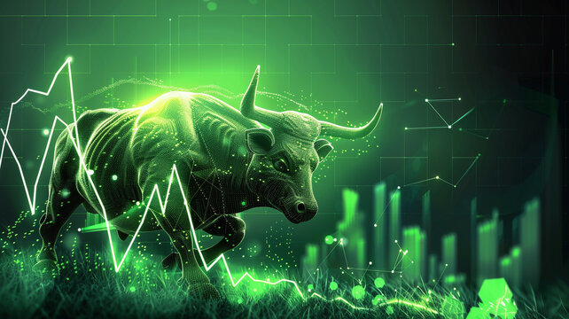Bullish Market Triumph, depicting a stock market bull market trading up trend of graph against a vibrant green background, symbolizing financial success and prosperity