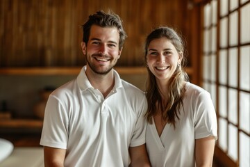 Fototapeta premium Portrait of a merry couple in their 20s wearing a breathable golf polo in front of serene meditation room