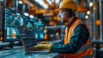 Male industrial engineer with a helmet working at a computer