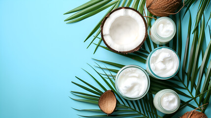 Composition with fresh coconut halfsies on palm