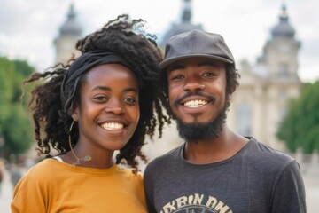 Portrait of a happy afro-american couple in their 20s sporting a technical climbing shirt in front of backdrop of a grand castle
