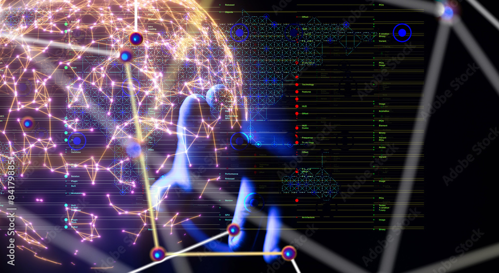 Poster Neural network 3D illustration. Big data and cybersecurity