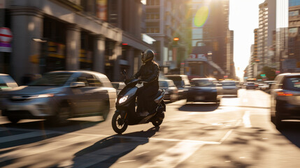 A person riding a scooter through a busy city street during daytime, capturing the energy and pace of urban life.