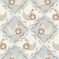 Retro chickens with sunflowers and leaves - vector seamless pattern. Checkered  farming wallpaper background in vintage style.  © DigARTbyHavroshka