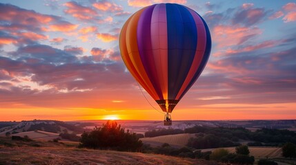 A colorful hot air balloon floating peacefully above a scenic landscape at sunset