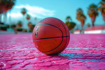 A basketball on a pastel pink court. Basketball blank ball without inscriptions, as a mockup for...