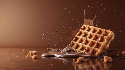 realistic crispy waffle with splash of melted chocolate isolated on brown background. Wafer with cacao cream filling, sweet crunchy dessert. for ads