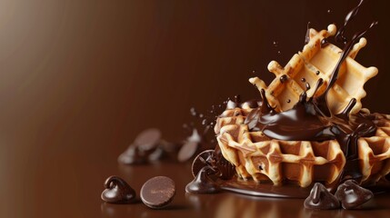 Fototapeta premium realistic crispy waffle with splash of melted chocolate isolated on brown background. Wafer with cacao cream filling, sweet crunchy dessert. for ads