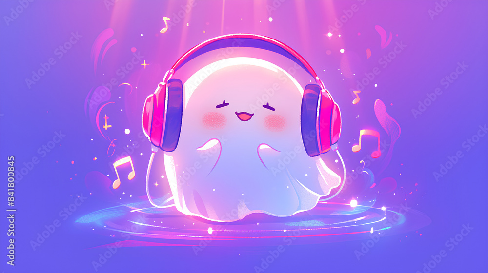 Poster cute white ghost listening to Neon rainbow color background music