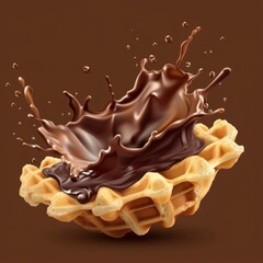 realistic crispy waffle with splash of melted chocolate isolated on brown background. Wafer with cacao cream filling, sweet crunchy dessert. for ads