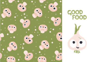 Obraz premium Vegetables collection of seamless champignon mushrooms patterns with onion and lettering. For printing fabric and paper. Vector cartoon childish background with cute smiling vegetables characters. 