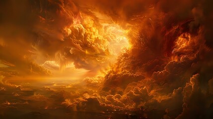a fiery, tumultuous scene with a massive, fiery cloud billowing over a landscape