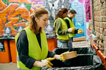 Young volunteers in green vests and yellow gloves sorting trash. Eco conscious individuals making a...