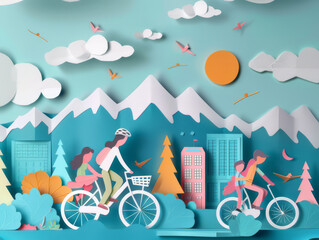 paper art family riding a bike with a city background