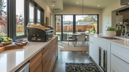 Fototapeta premium A sleek, eco-friendly kitchen with an automated composting unit processing food scraps, showcasing modern design in a contemporary home, emphasizing sustainability. 