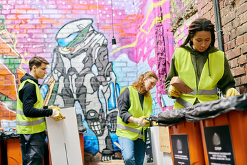 Young volunteers in gloves and safety vests work together to sort trash into a bin during a community clean-up event.