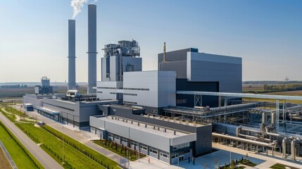 Obraz premium A waste-to-energy incineration plant with high-tech incinerators, set in a clean industrial complex, highlighting advanced pollution control measures. 