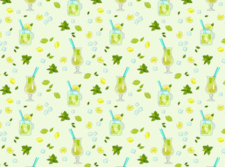 lemonade glass seamless pattern hand drawn vector. Summer cocktail or mocktail drinks.