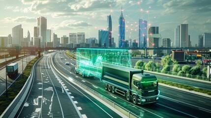 Autonomous trucks transporting waste along a futuristic highway, featuring cutting-edge technology in a vibrant cityscape, emphasizing speed and safety. 