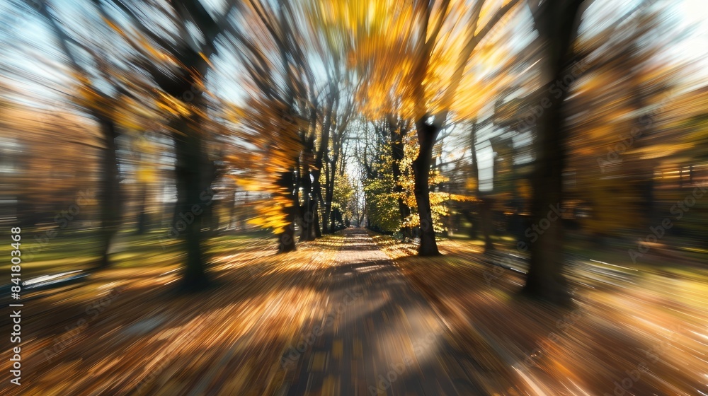 Poster autumn park with intentional motion blur creating a natural bokeh background