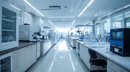 Obraz premium cutting-edge laboratory, set in a clean, high-tech research facility, emphasizing innovation and sustainability. --ar 16:9 --style raw Job ID: 82004f6e-1c40-412d-b6d7-57ca6a818083