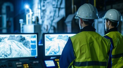 Engineers using sensors and software to monitor waste levels, showcasing high-tech monitoring systems in a setting of a control room, emphasizing real-time waste management. 
