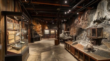 Fototapeta premium featuring artifacts and exhibits in a mining museum, with historical photographs and interactive displays, emphasizing the rich history of mining 