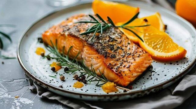 gourmet plating of roasted salmon with orange and rosemary minimalist fine dining presentation food photography