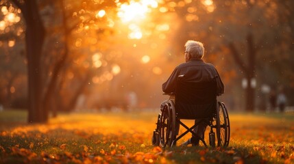 Obraz premium Peaceful Moment of Elderly Man in Wheelchair Enjoying Sunset Outdoors