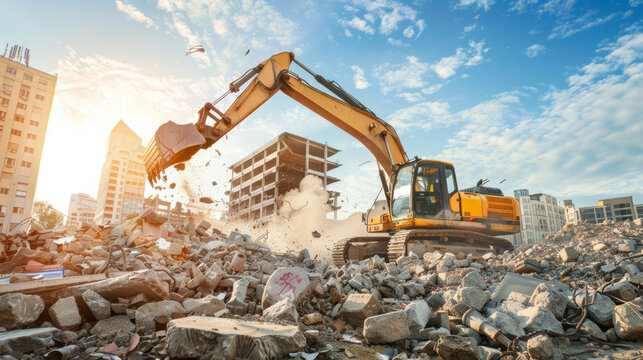 An excavator demolishes a building in an urban area, with rubble, dust, and sunlight creating a dramatic scene of construction activity.