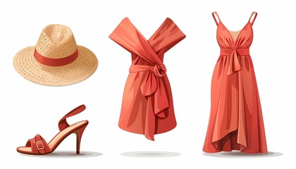 Flat design summer fashion with wrap dress, sunhat, and peeptoe sandals